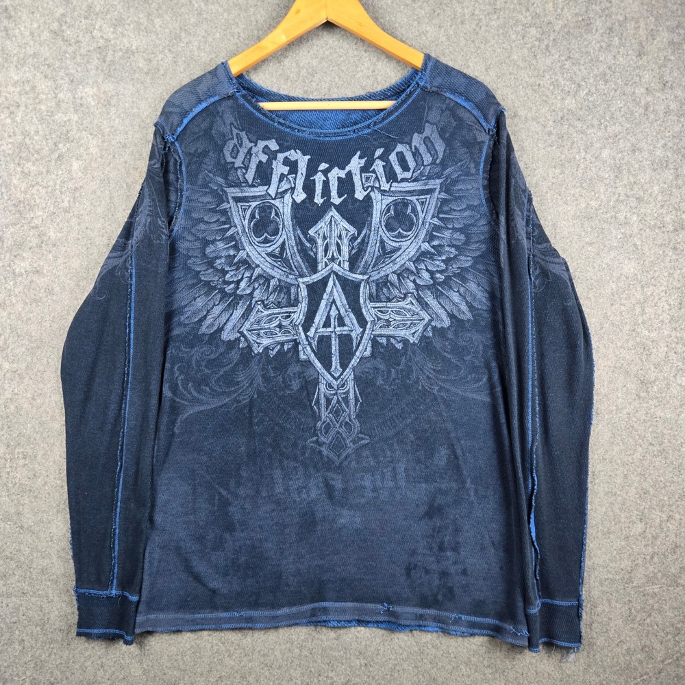 Affliction Reversible Thermal Shirt Mens Large Blue American Customs Live Fast